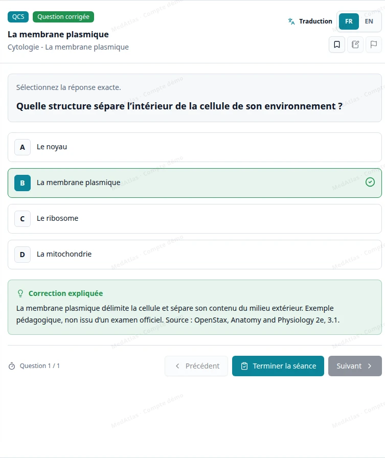 Correction réelle du lecteur MedAtlas en mode tutoriel : la bonne réponse est indiquée en vert et accompagnée d’une explication. Question de démonstration.